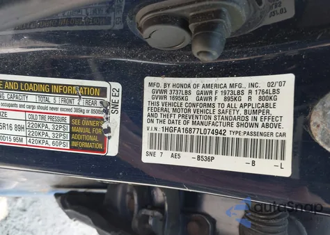 2007 Honda Civic Ex from USA, damaged, VIN 1HGFA16877L074942